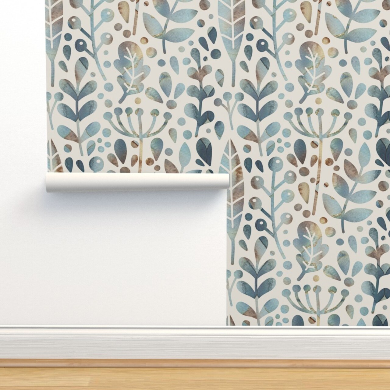 Woodland Muted Blue Large Scale Modern Botanicals Custom Removable Wallpaper by Spoonflower Peel & Stick Wallpaper 2FT Wide